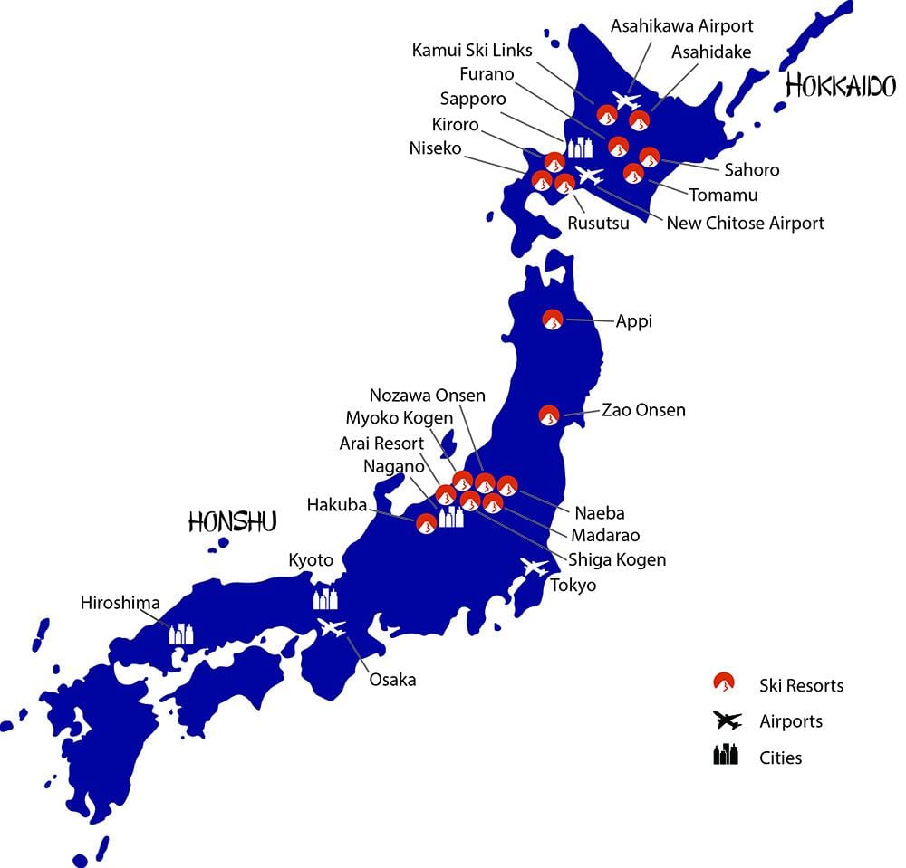 日本地図のスキーリゾート