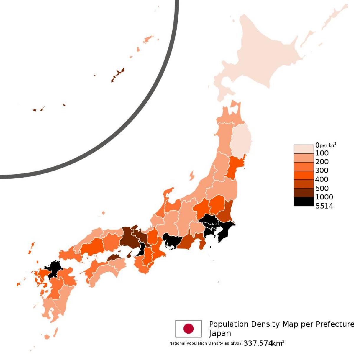 日本の人口密度の地図 
